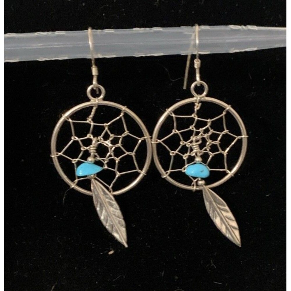 Native American Sterling Silver Dream Catcher Earrings Turquoise Feather
